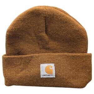 Carhartt Hat Beanie Youth One Size Brown Knit‎ Patch Acrylic Cuffed Made USA
